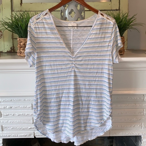 T. la Striped V-Neck Button Detail Soft Casual Tee Size M Blue Green Yellow - Picture 1 of 7
